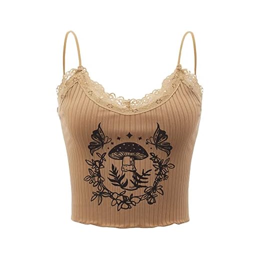 SOLY HUX Women's Y2k Gothic Lace Trim Cami Crop Top Sleeveless Sexy Tank Tops Camisole Clubwear Outfit Brown Mushroom Print S