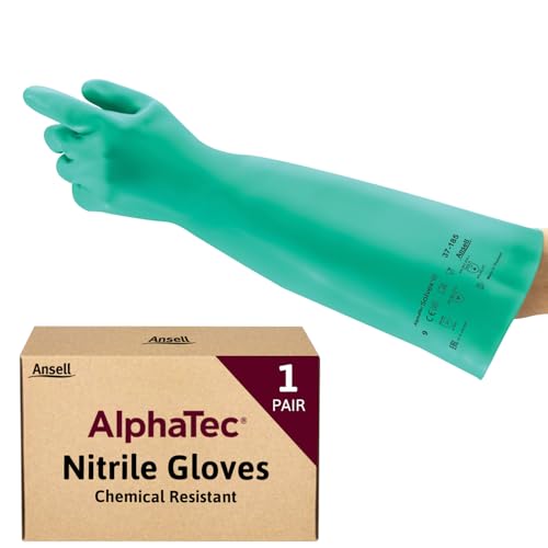 Ansell AlphaTec 37-185 Chemical-Resistant Nitrile Gloves, Liquid and Splash Protection, Food-Handling, Silicone and Latex-Free Work Glove, Waterproof, Reusable, Green, Size L (1 Pair)