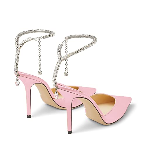Image of LauraVicci Women's Heeled Sandals Crystal Chain Ankle Straps Rhinestones Buckle High Heels Stiletto Slip On Wedding Party Satin Dress Shoes