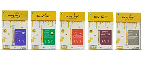 Honey Twigs - Pure Honey Sticks Pack |Pure Himalayan, Cinnamon, Vanilla, Lemon, Turmeric Flavoured Combo - 150 Count (30 Straws Each) | 100% Natural, On The Go, Mess-Free #TOP4