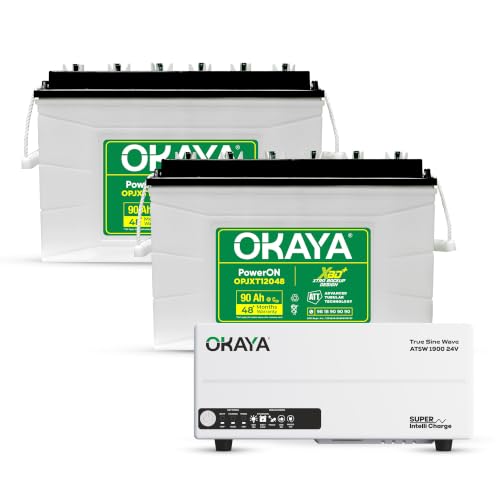 Image of Okaya Inverter with Battery Combo for Home,Office & Shops | ATSW 1900 12V Pure Sine Wave Inverter 1650VA with 36 Months Warranty & OPXT12048 90AH XBD+ Certified JXT Battery with 48 Months Warranty