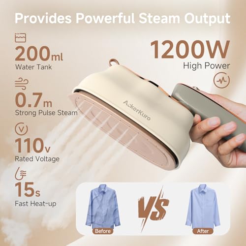 Steamer For Clothes, Steamer ＆ Iron 2 In 1,Portable Handheld travel Steam,1200W 15s Heat Up for Travel Size,Wrinkle Remover,200ml Tank,3 Modes for dress shirts for home travel,Beige, 120V - Image 3