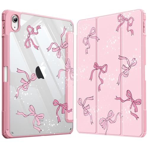 Fintie Hybrid Slim Case for iPad (A16) 11th Generation 11 Inch (2025) iPad 10th Generation 10.9 Inch (2022) - Shockproof Cover with Clear Transparent Back Shell & Pencil Holder Pink Bows