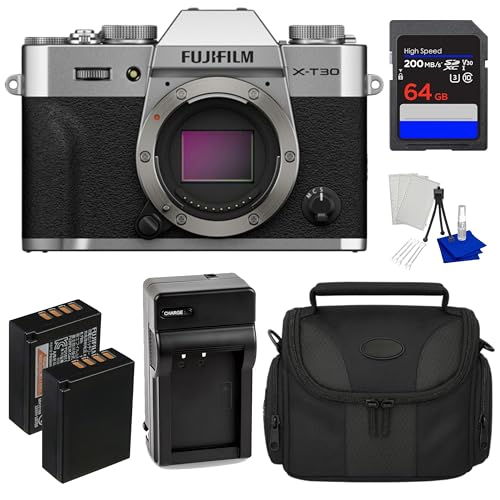 Fujifilm X-T30 III Mirrorless Camera Body (Silver) – 26.1MP X-Trans, X-Processor 5, 4K/6.2K, X-Mount – Bundle with 64GB SD Memory Card + Extra Battery + Charger + Bag + Starter Kit + More (Renewed)