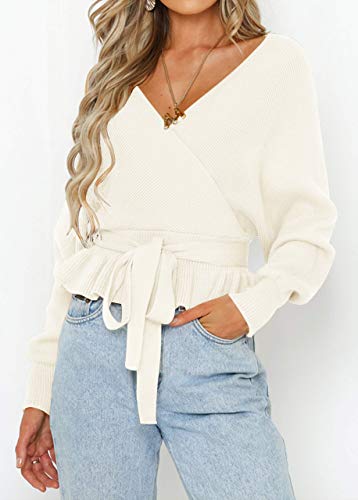 ZESICA Women's Fall 2025 Wrap V Neck Long Batwing Sleeve Belted Waist Ruffle Knitted Sweater Pullover Top2
