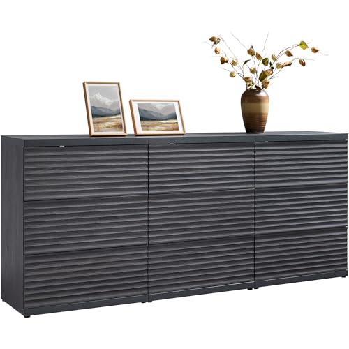 Image of SICOTAS Sideboard Buffet Liquor Cabinet with Storage, Modern Fluted Credenza Coffee Bar Storage Cabinet with Larger Drawers, Mid Century Media Console for Kitchen Hallway, Dark Grey Alder (3 PCS)