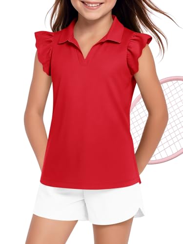 El Mejor Listado de Ropa de Rugby para Niña los más recomendados. 43 Haloumoning - Polo de manga corta con volantes para niñas, con cuello en V, para golf, tenis, camisetas de uniforme escolar, camisetas de 5 a 14 años, Rojo, 7-8 Años