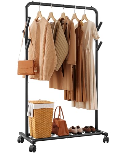 Sakugi Clothes Rack - Metal Coat Rack with Bottom Shelf, Portable Wardrobe Rack with 6 Side Rods, Rolling Clothing Rack for Hanging Clothes for Bedroom or Laundry Room (Black, 28.7 x 17 x 59.4)