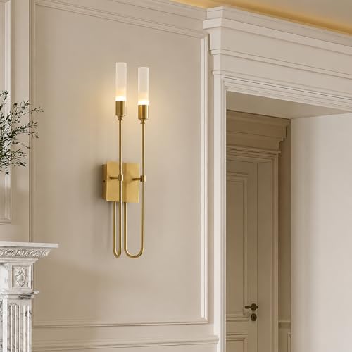 Image of Long Metal Wall Light, Double-Arrow Double Wall Sconce, Gold U-Shaped Fixture with Glass Shade, Contemporary Indoor Lighting for Bedroom, Living Room, Home Decoraiton with Bulbs, Golden