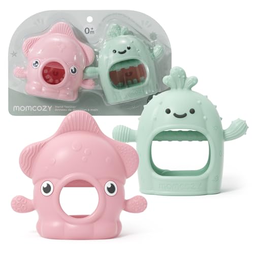 Image of Momcozy 2 Pack Baby Teething Toys, Food Grade Silicone Baby Teether for 0-6 6-12 Months, Anti-Drop Wrist Mitten Set, Baby Essentials Teething Relief, 200C Sterilizer Safe, Pink & Mint Green