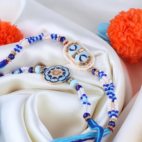 Image of Traditional Handmade Beaded Rakhi For Raksha Bandhan| Hand Bracelet For Brother| Wrist Band For Bhaiya & Bhabhi | Trendy Combination Designs Protective Thread Combo-Set Of 2