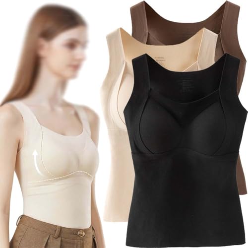 3PCS Women's Thermal Tank Tops with Built-in Bra Winter Thickened Warm Tank Top with Shelf Bra (3Pcs-A,L(45-55kg))