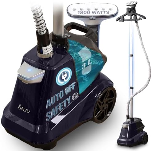 SALAV® Heavy Duty Smart Auto Shut-off Commercial Full-Size Garment Steamer, Beeping Alert when Water Runs out, Foot Pedal Control, XL 3L (101.5 oz) Tank, 1800 watts, 90+min of Continuous Steam, Navy