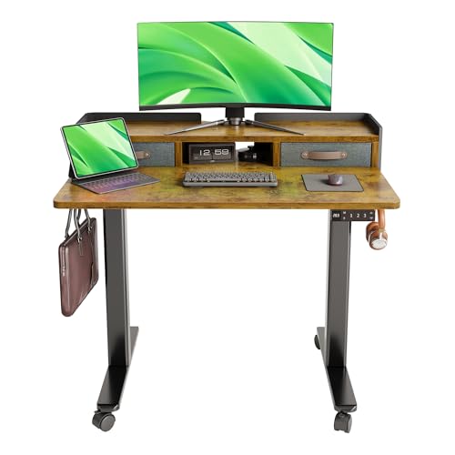 Image of Claiks Standing Desk with Drawers & Wheels, 2 Height Shelf 40 inch Rustic Brown