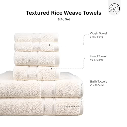 Image of SENSES by Riba Textured Rice Weave Cotton Towels Set (6 Pieces, 550 GSM, Ivory) | Bath Towel Combo - 2 Bath, 2 Hand & 2 Wash Towels | Antimicrobial, Soft, Absorbent Ideal for Daily Use & Gifting