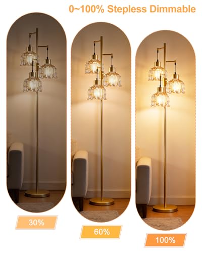 Image of Lightdot 3-Light Lotus Floor Lamp 65'' Dimmable with Brown Glass Shade & E12 Bulbs Included, Mid Century Tall Flower Lamp with 5Lbs Heavy Base for Living Room /Bedroom /Sofa Beside /Corner Decor - Gold