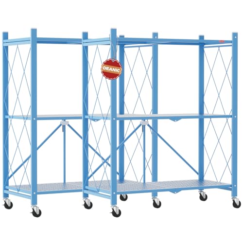 Image of DEANIC 3 Tier Foldable Storage Shelves with Wheels, Kitchen Appliance Stand, Freestanding Metal Wire Shelf Rack, No Assembly Organizer Rolling Cart for Garage, Basement, Pantry(Blue Pack of 2)