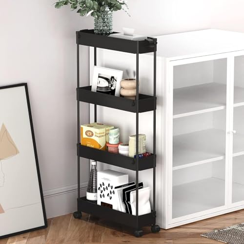 Image of Allkartz - 4 Tier Slim Rolling Trolley Organizer Storage Rack with Wheels - Kitchen Trolley Organizer, Plastic Shelf Rack for Storage, Bathroom Trolley, Utility Cart for Fridge Side & Narrow Spaces