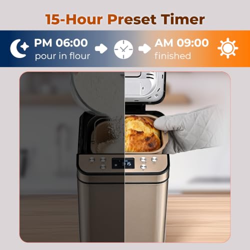 Image of Rosewill 25-in-1 Automatic Bread Maker Machine with 3 Loaf Size up to 2LB, 700W High Power Dual Heater Bread Maker with BPA-free Nonstick Coating Pan, Max 15 Hours Delay Timer, Low Noise - Honey