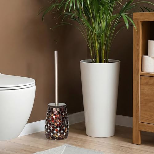 Image of Handmade Mosaic Toilet Brush and Holder Set, Decorative Brown Glass Toilet Bowl Brush with Stainless Steel Handle, Luxury Bathroom Accessories Set, Mosaic Bathroom Decor, Weighted Base