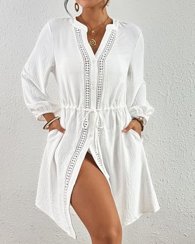 Bsubseach Swimsuit Coverup for Women V Neck Bathing Suit Cover Up with Pocket Drawstring Button Down Beach Shirt Dresses2