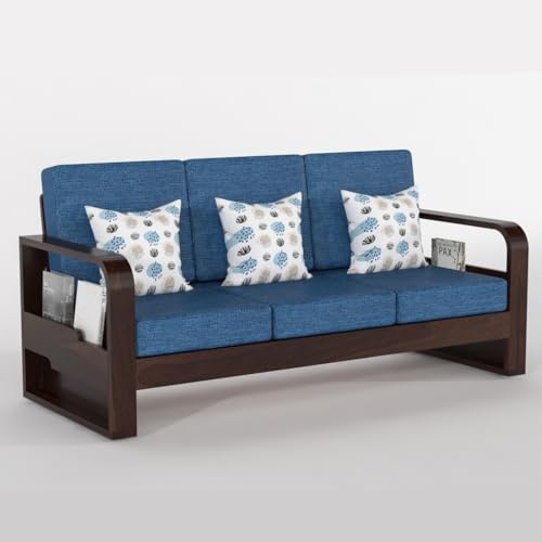 Image of Solid Sheesham Wooden 3 Seater Sofa for Living Room | Sofa with Side Pocket Storage & Cushion | Rosewood Sofa Set for Home (Walnut with Blue Cushion, 3 Seater)