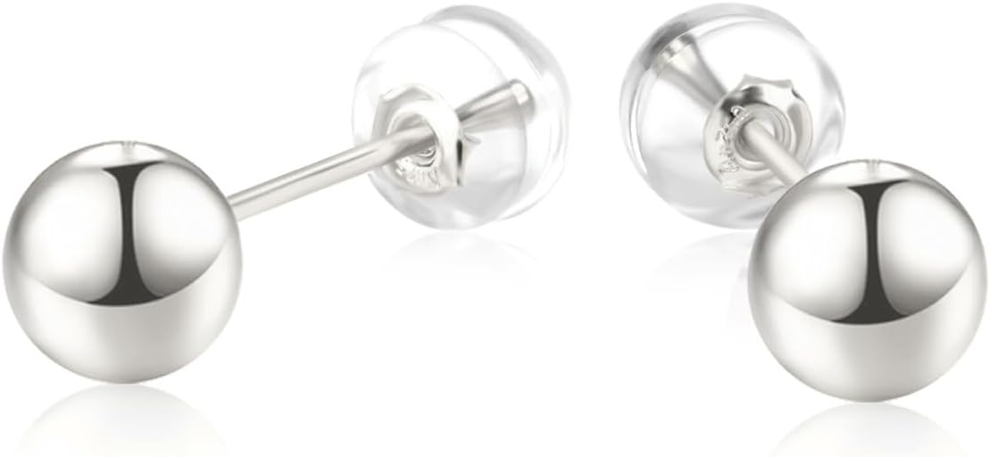 Real 18K White Gold Ball Earrings Stud for Ladies, 18kt Gold Earrings Gift for Women (6mm)