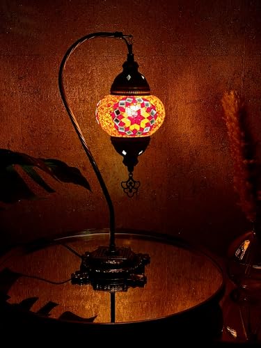 Lightza Handmade Turkish Moroccan Mosaic Desk Lamp LED Bulb | Swan Neck Unique Globe Lampshade Table Light | UK Tested Safe Energy Efficient (Golden & Red Big Flower)