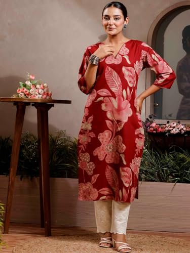 Image of Rimeline Women's Cotton Floral Printed Kurta with Notch Neck Detail | Straight Fit Ethnic Wear for Office, Casual & Everyday Styling