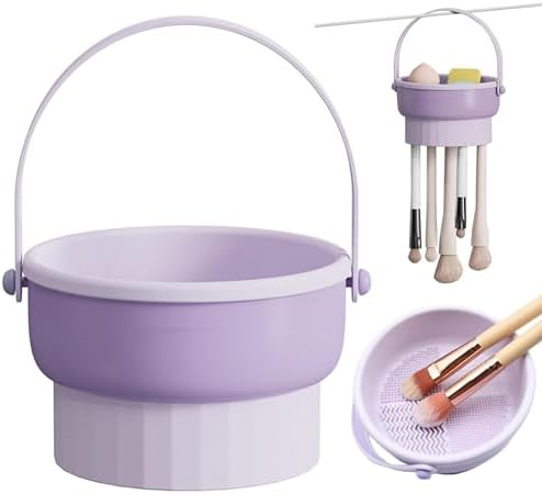 Baoswi Makeup Brush Cleaner Mat 3 in 1 Silicone Makeup Brush Cleaner Bowl with Brush Drying Holder Cosmetic Brushes Cleaning Tool Organizer for Storage & Air Dry (Purple)
