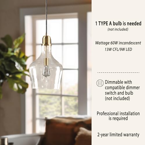 Image of Ink+Ivy Auburn Pendant Kitchen Lighting for Dining Room, Industrial Lights, Hand-Blown Glass Bell Shaped Pendant Light for Kitchen Island, Foyer, Bedroom, 13 inch Dia x 95.5 inch H, Gold /Clear