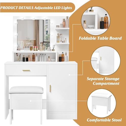 Garvee Vanity Desk with Mirror and Light Bulbs, Makeup Table with Open Shelves and Drawers, Dressing Table Set with Upholstered Stool and Cabinet for Women, Bedroom, Dressing Room, White