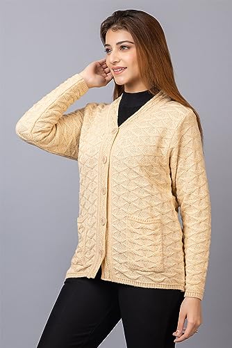 Image of Women Woolen V Neck Casual Wear Stylish Cardigan Sweaters for Winter with Front Pockets