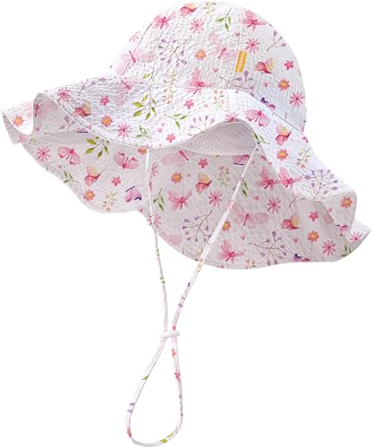 Image of HONGTEYA Baby Sun Hat Toddler Girl Beach Hat Sun Protection Adjustable Outdoor Summer Wide Brim Bucket Hat for Infant Kids
