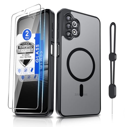 Dizn for Samsung Galaxy A32 5G Phone Case with 2 Screen Protector & Phone Lanyard Fit for MagSafe Camera Bumper Protection Shockproof Magnetic Thin Translucent Cover for Samsung Galaxy A 32 5G Black