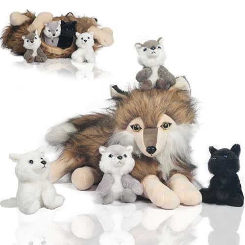 5 Pcs Wolf Stuffed Animal Set, 16 Inch Large Mommy Stuffed Wolf Plush Toy with 4 Cute Babies Wolves Inside, Furry Wolves with Pups Soft Plushies for Kids Boys Girls Easter Christmas Birthday Gift