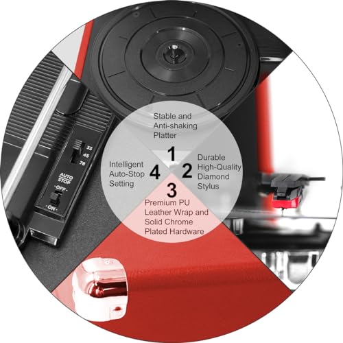 Image of Claw Stag Portable Vinyl Record Player Turntable with Built-in Stereo Speakers, Volume Control Knob, AUX Input and RCA Output, 78 RPM Speed, High Qualiy Diamond Stylus and Headphone Jack (Red)