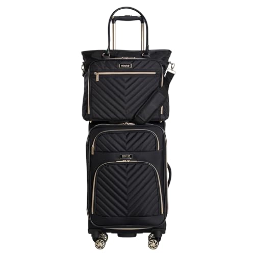 Kenneth Cole REACTION Chelsea 2-Piece Bundle - 20' Chevron Expandable 8-Wheel Carry-On Suitcase & Matching 15' Laptop Tote Bag, Black