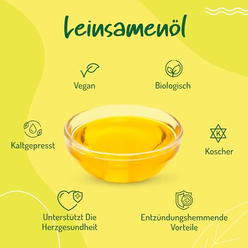 Leinöl Bio Kaltgepresst und Rein - 500ml. Leinsamenöl Bio Reich an Ungesättigte Omega 3 Fettsäuren Antioxidantien und Kalzium. Organic Flaxseed Oil.