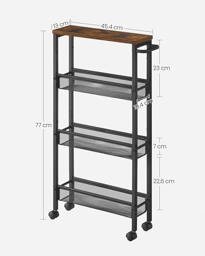 VASAGLE 4-Tier Trolley, Space-Saving Kitchen Cart with Castors, 13 cm Deep, Steel Frame, Handle, Trolley for Small Spaces, Kitchen Bathroom Living Room Studio, Rustic Brown and Black LRC032B01V1