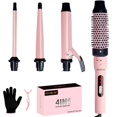 Curling Wand 4 in 1 Hair Curling Tongs Iron Set Ceramic Hair Curler with Straightener Brush Interchangeable Heating Barrels for Long Short Hairstyles Women Gift (Pink)