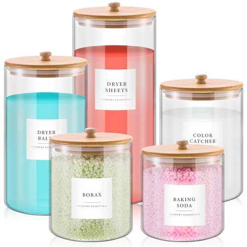 Tioncy 5 Pack Laundry Room Organization Dryer Sheet Holder Laundry Pods Container Clothes Detergent Container Jars with Lids Labels for Detergent Scent Booster Beads