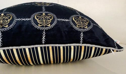 Image of TARA- Sparkling Homes 18 x 18 Inches Zari Embroidered Velvet Cushion Covers, 'Cleopatra' from 'The Royal Collection', Set of 1 (Midnight Blue, 18 x 18 Inches)