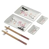 MOCERAKAI 8 pcs Japanese Sushi Plate Sets Serving Platters and Trays for Entertaining Sushi Dishes Set Plates Sushi Plates Traditional Cuisine Dinnerware Sets with Chopsticks Pink Sakura