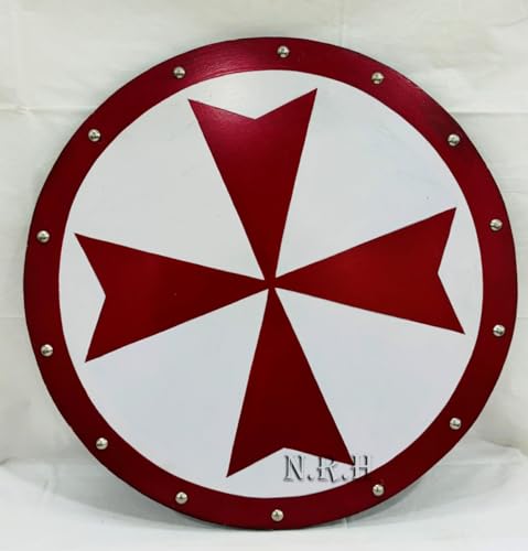 Nautical Replica Hub Medieval Wooden Templar Knights Red Cross Historical Crusader Round Shield Decoration Party Decor Costume Gifts