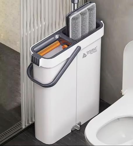 Image of Flat Mop with Bucket | 5 Microfiber Refills | Hands-Free Floor Cleaning System | Wet & Dry Mop with 360 Rotation | Space-Saving Design | Household Cleaning Mop Set
