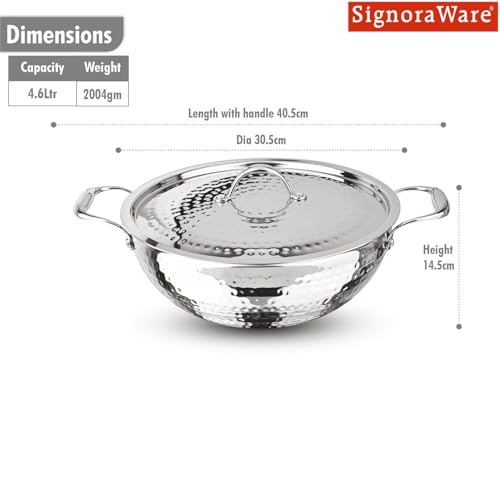 Image of Signoraware Artista Tri Ply Stainless Steel Hammered Shallow Kadhai 28cm with Lid | Gas & Induction Compatible | Stylish Indian Kadhai for Healthy Meal | Ideal for Daily Cooking (4.6 LTR | Steel)