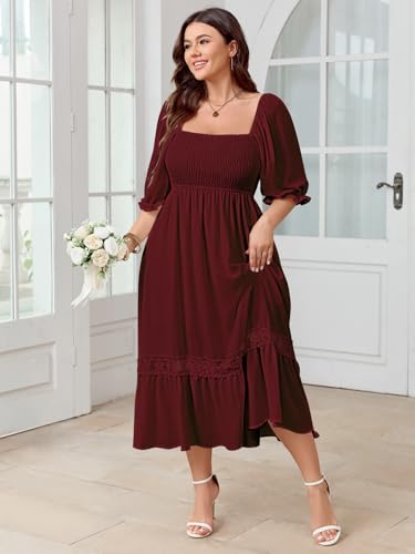 Image of SCOMCHIC Women's Plus Size Boho Maxi Dress Short Sleeve Square Neck Smocked Flowy A-Line Lace Trim Wedding Guest Dresses