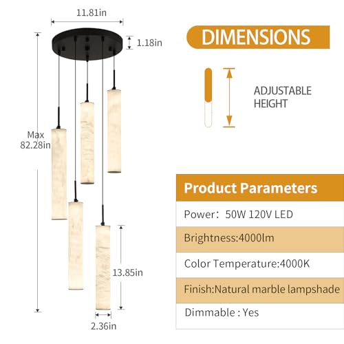 Image of LMQNINE Natural Alabaster Pendant Lights for Kitchen Island White Marble Long Tube Chandelier 4000K Modern Black Ceiling Light Fixtures for Bedroom Dining Room Table Living Room Hallway(M-5Light)