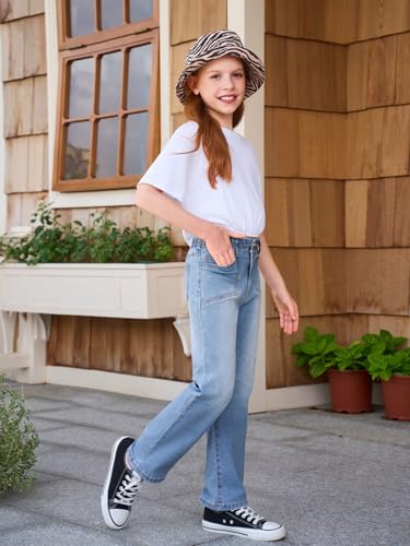 Haloumoning Girls Wide Leg Jeans Kids High Waisted Demin Pants Stretch Long Pants with Pockets 5-14 Years4